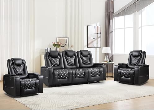 ANJ 3PCS Power Recliner Sofa Set with 1 Recliner, 2 Seater Loveseat and 3 Seater Sofa, Electric Reclining PU Leather Living Room Furniture with USB Ports, Cup Holders and Hidden Arm Storage, Black