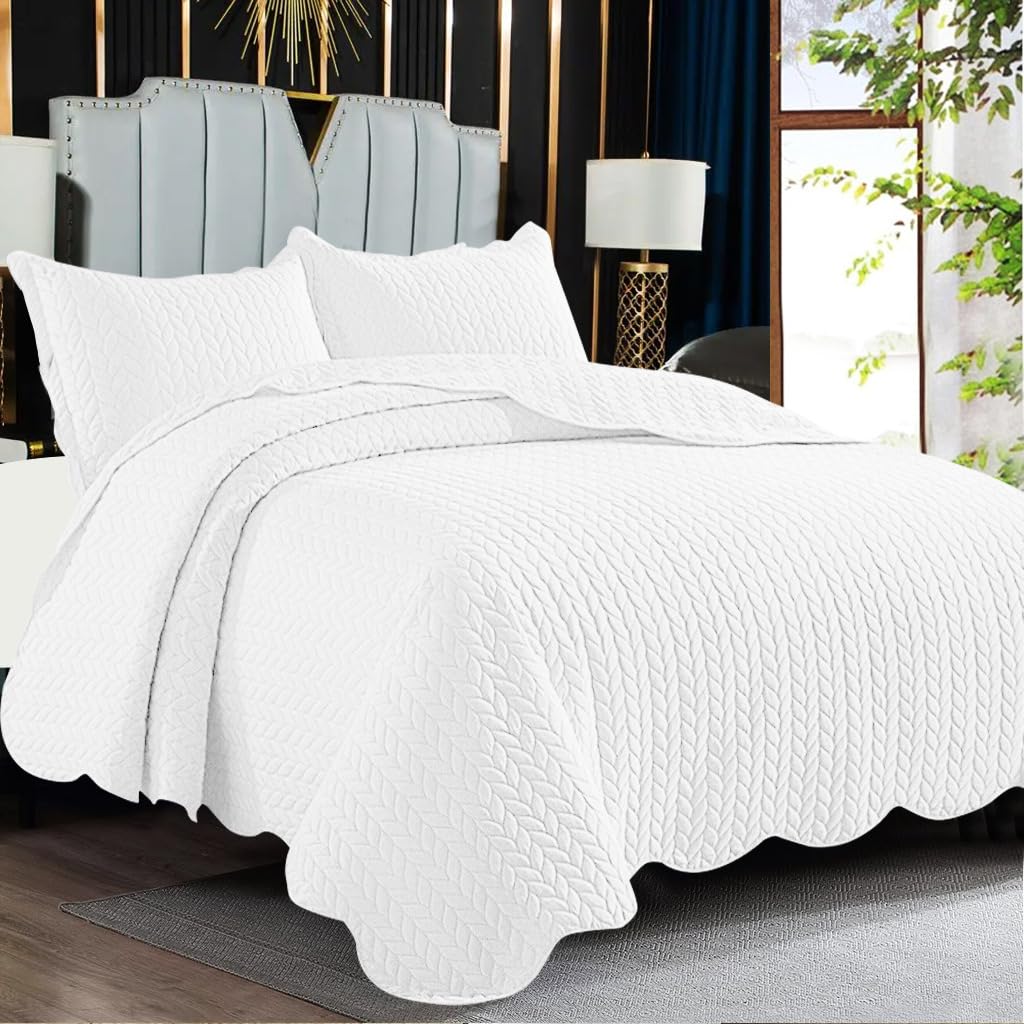 PHP Bedspreads Double Size Quilted Bed Throws For Sofas Large - Embossed Matt Finish Reversible Double Quilt Bedspread + 2 Pillow Shams - White Quilted Bedspread 240 X 240 cm — image 1