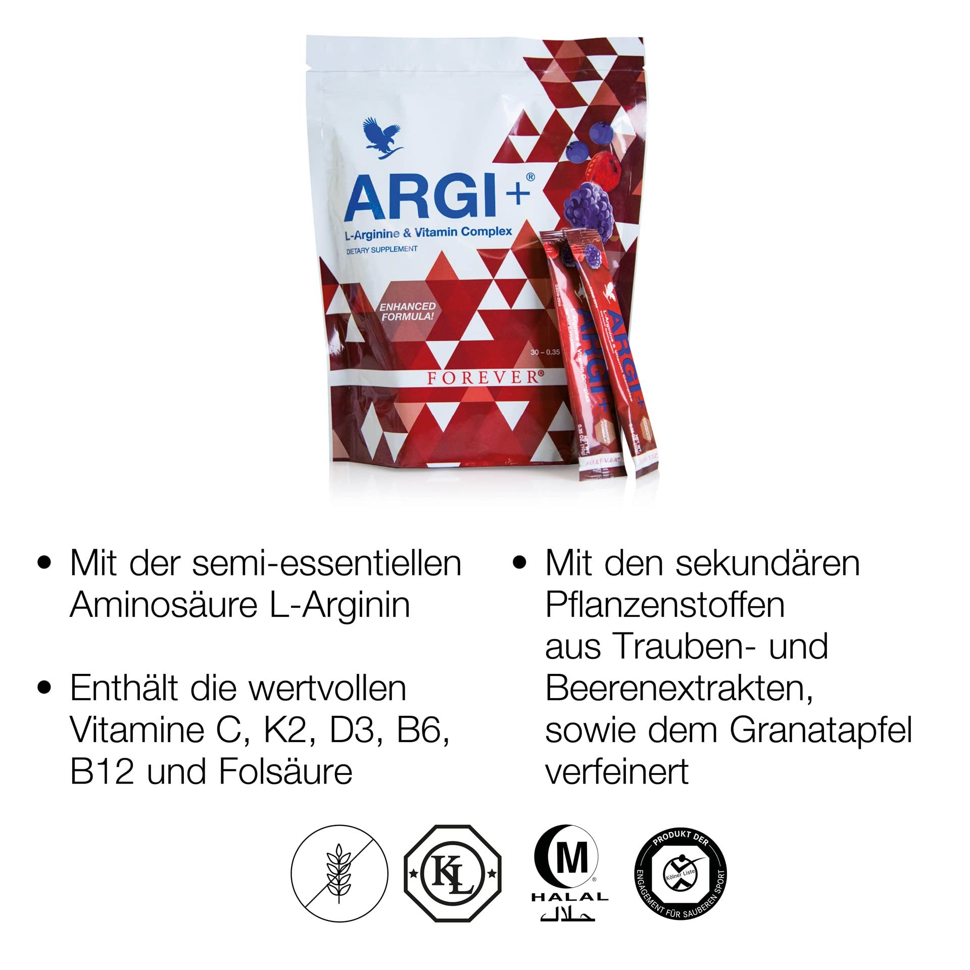 Forever ARGI+, 5g L-Arginin pro Portion, Vitaminkomplex für Sportler und aktive Menschen, Leistungsfähigkeit steigern, fruchtiger Geschmack, glutenfrei (30 Sticks á 10 g)