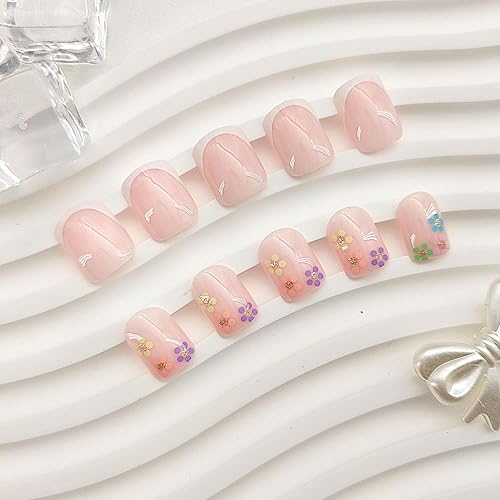 Miniatura 4 de Uñas postizas cortas de punta francesa blanca a presión, uñas postizas cuadradas con diseños de flores, uñas acrílicas brillantes, cobertura