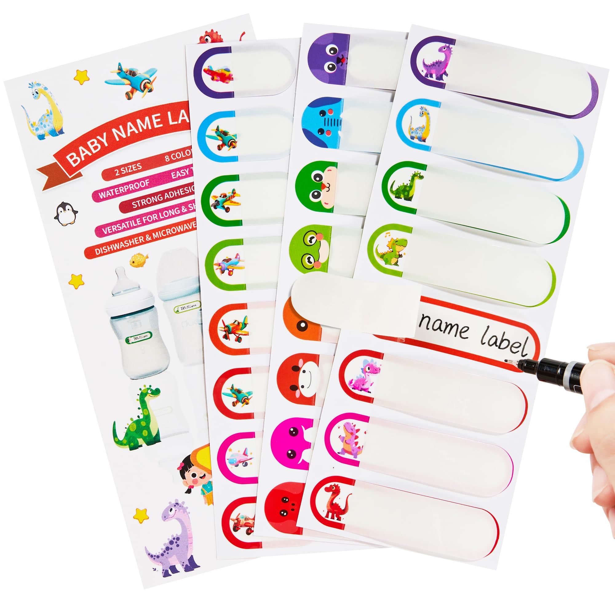 Name Tag Stickers for Daycare, Self-Laminating, Write-On Waterproof Baby Bottle Labels, Dishwasher Safe, Reusable Labels, Assorted Sizes & Colors,
