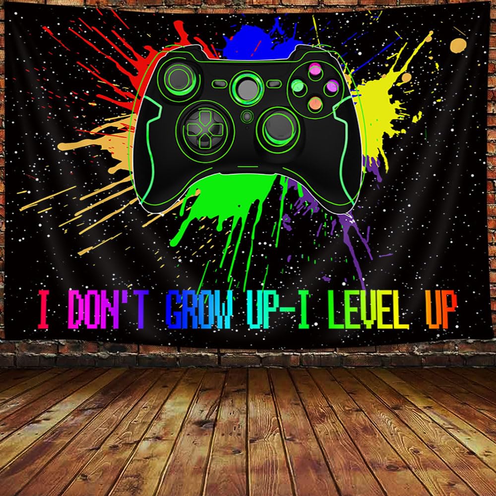 Gamer Neon Sign Wall Art (40x30 Inch), Yellow - Boys Bedroom Retro 80s Video Game Tapestry for College Dorm Home Decor