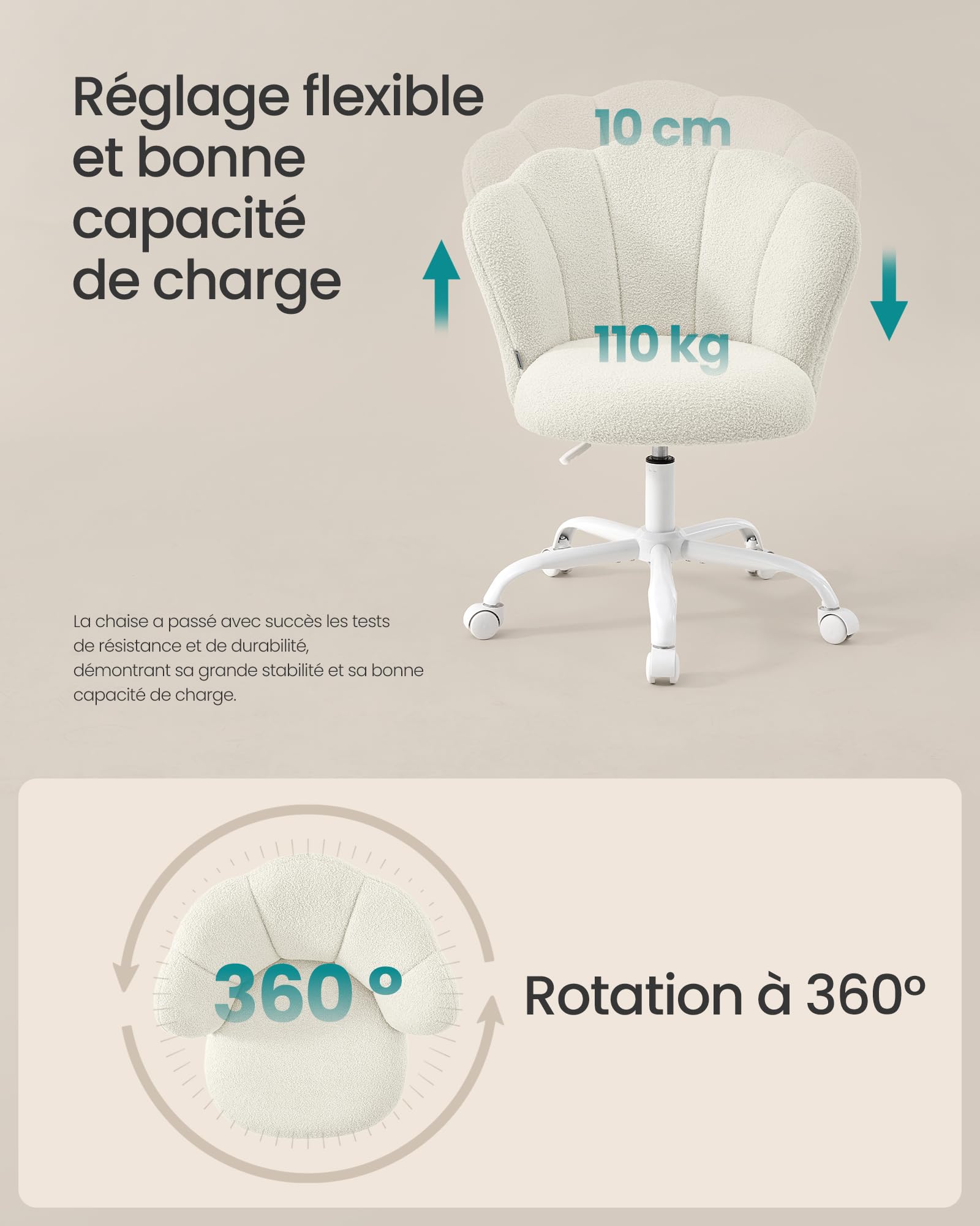 SONGMICS Chaise de Bureau Pivotante 360°, Chaise Coiffeuse Rembourrée, Tissu Peluche, Supporte 110 kg, Dossier en Forme de Pétales, Hauteur Réglable, pour Salon, Chambre, Blanc Crème OBG030WD01