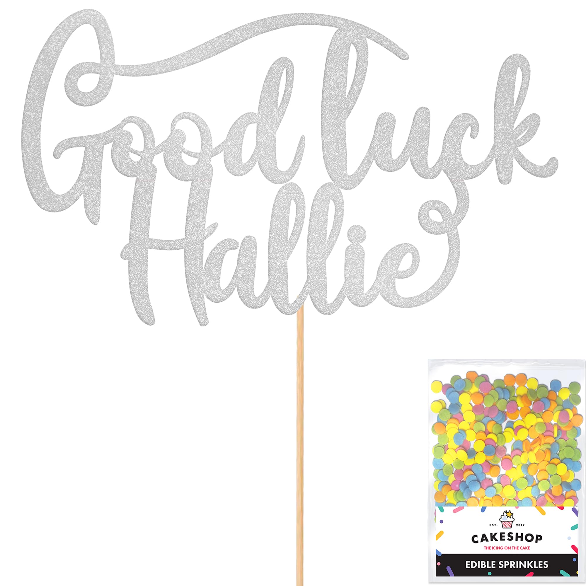 Cakeshop Personalised Good Luck Glitter Cake Topper With Sprinkles - Light Silver Custom Colour - Any Name - Double-Sided Glitter Card Cake Decoration - Custom Toppers for Cakes