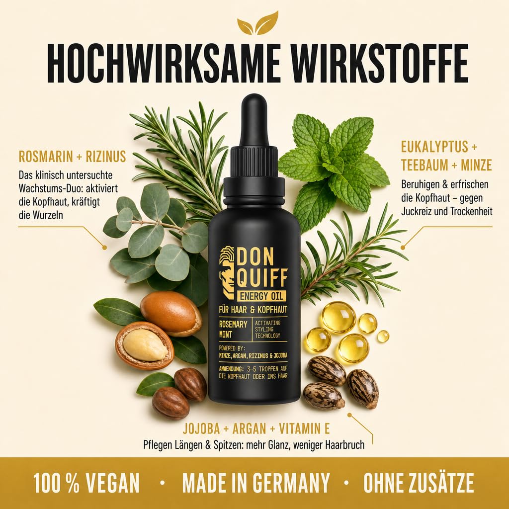 Don Quiff Energy Set – Energy Oil 50 ml + Energy Wax 80 ml – Kopfhautpflege für volleres Haar und Styling mit starkem Halt & mattem Finish – Rosmarinöl, Koffein & Biotin – Made in Germany