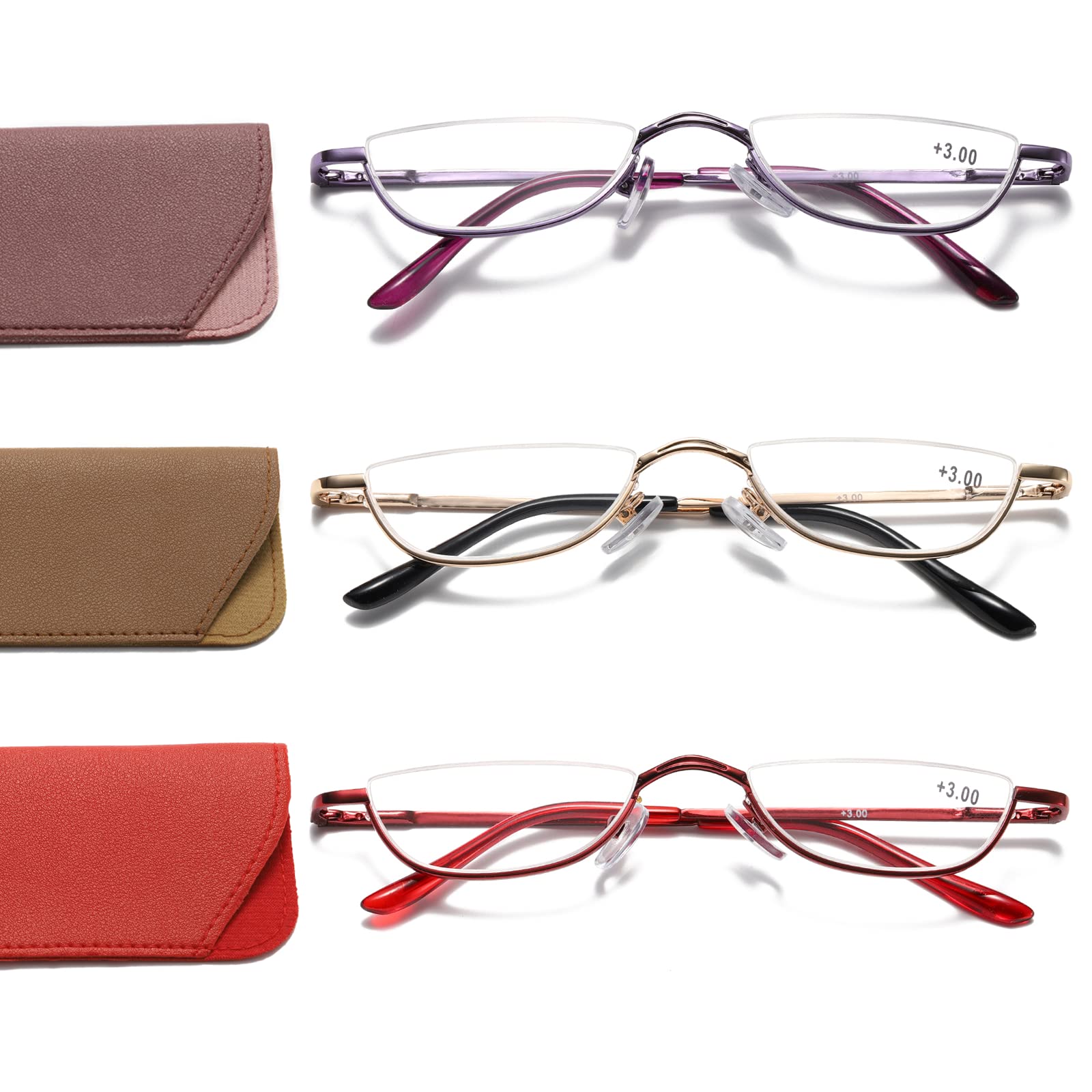 VisengHalf Frame Reading Glasses for Women Men Slim Half Moon Glasses 3 Pack + 2.5 Lenses 3 Pairs Purple Gold Red 2.5, 3 pairs: purple, gold and red, 2.5