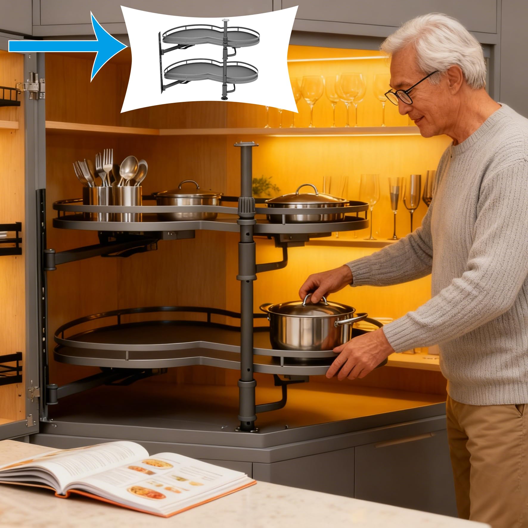 Küchenschrank Eckauszieh Küchenaufbewahrung, Eckschrank küche-Ausziehaufbewahrung, Schwenkbarer Eckschrank ausziehbarer küchen Organizer, küchenorganizer für 900 mm Schränke