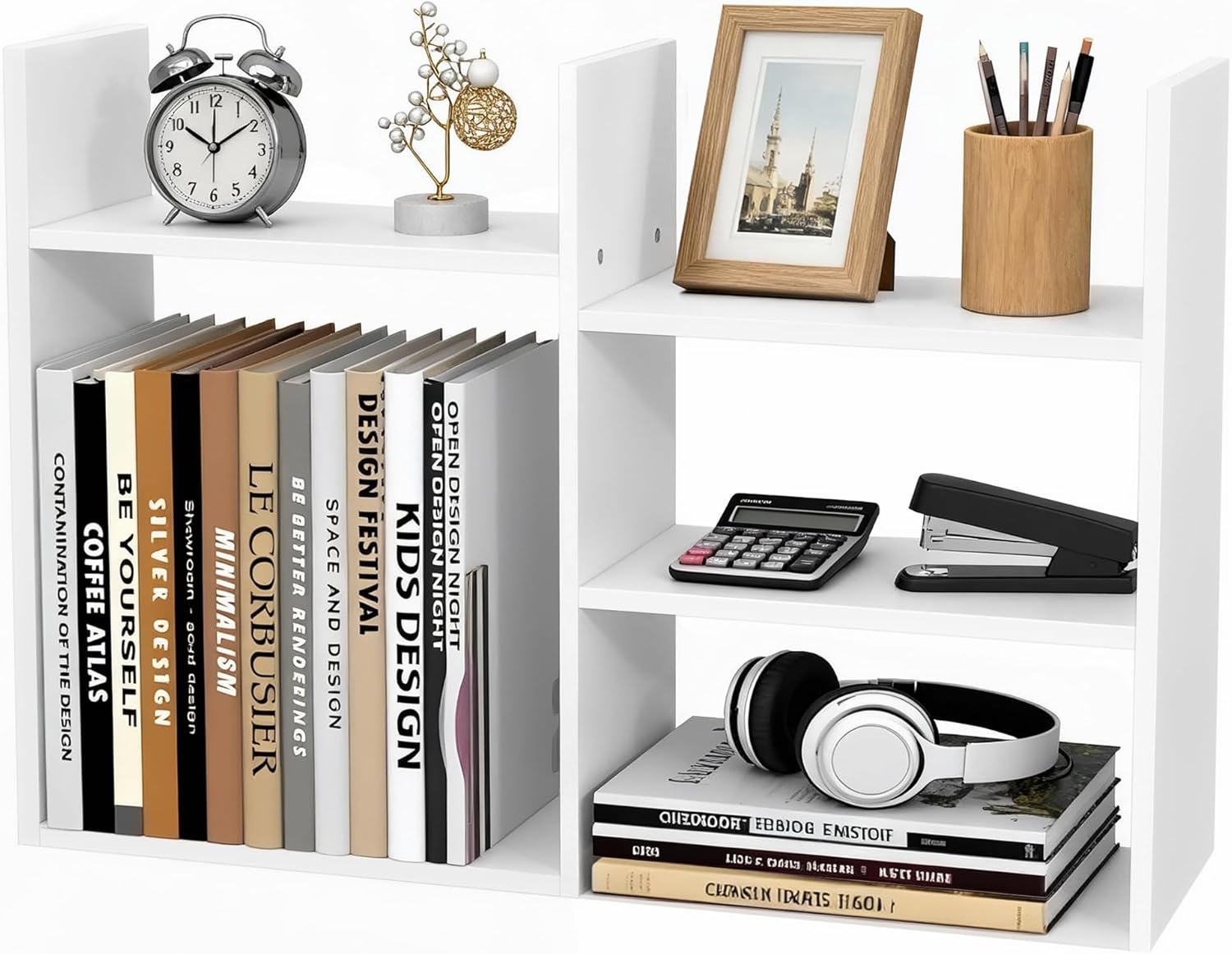 デスクシェルフストレージオーガナイザー - 小さなデスクトップ本棚、3段ホワイトテーブルブックシェルフ、多目的木製デスクトップ本棚ス