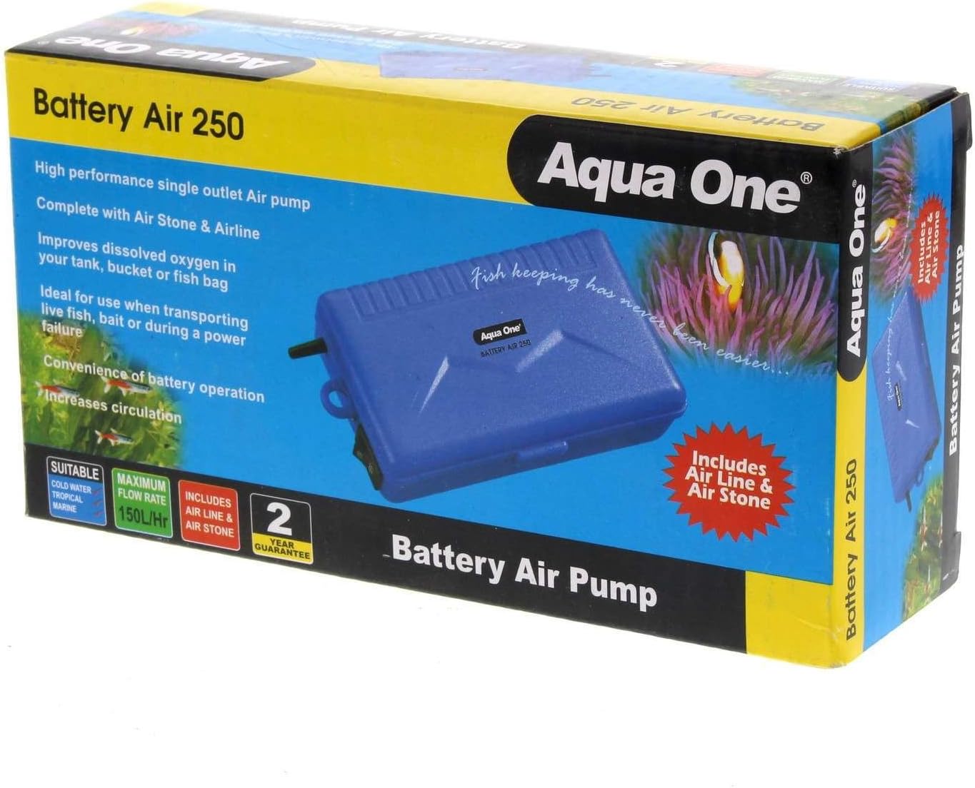 Aquarium Air Pump Battery Air 250 Portable 150L/Hr Fish Tank Aqua One