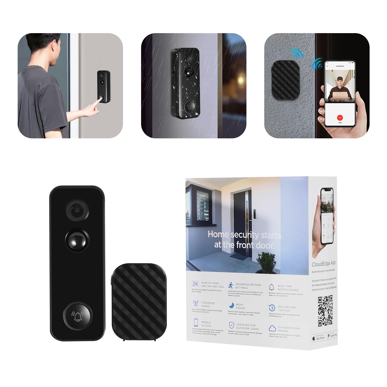 Timbre de puerta inteligente con cámara gran angular de 3 MP, 110°, volumen ajustable y varios tonos de llamada, compatible con memoria SD y nube, WiFi, 5200 mAh, resistente al agua