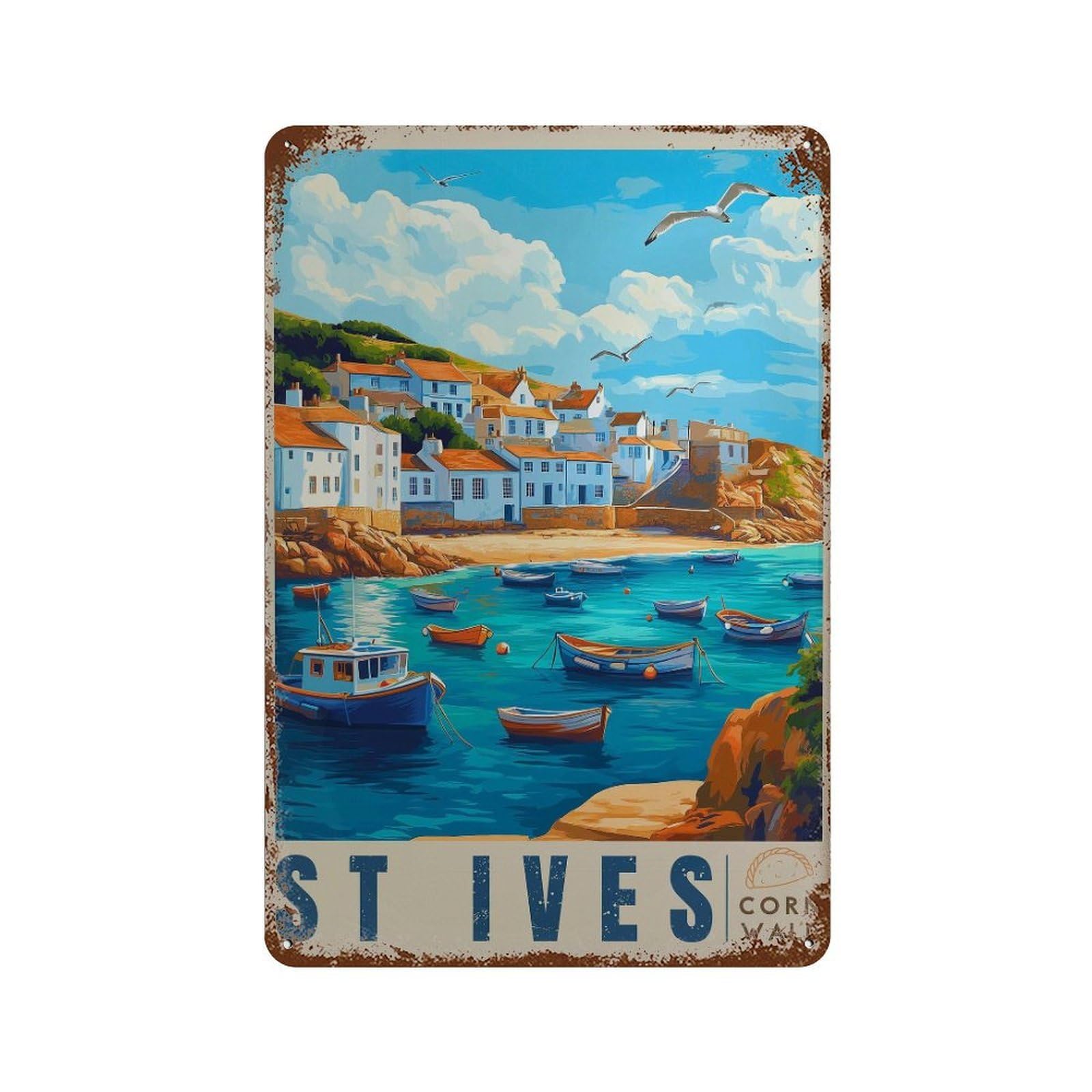 xiaoxiaoshen St Ives Cornwall Harbour Boats Seaside Travel Wall Decor Art Metal Tin Poster Modern Home Decor Art Home Bar Shop Decorations Vintage Sign 30x20cm