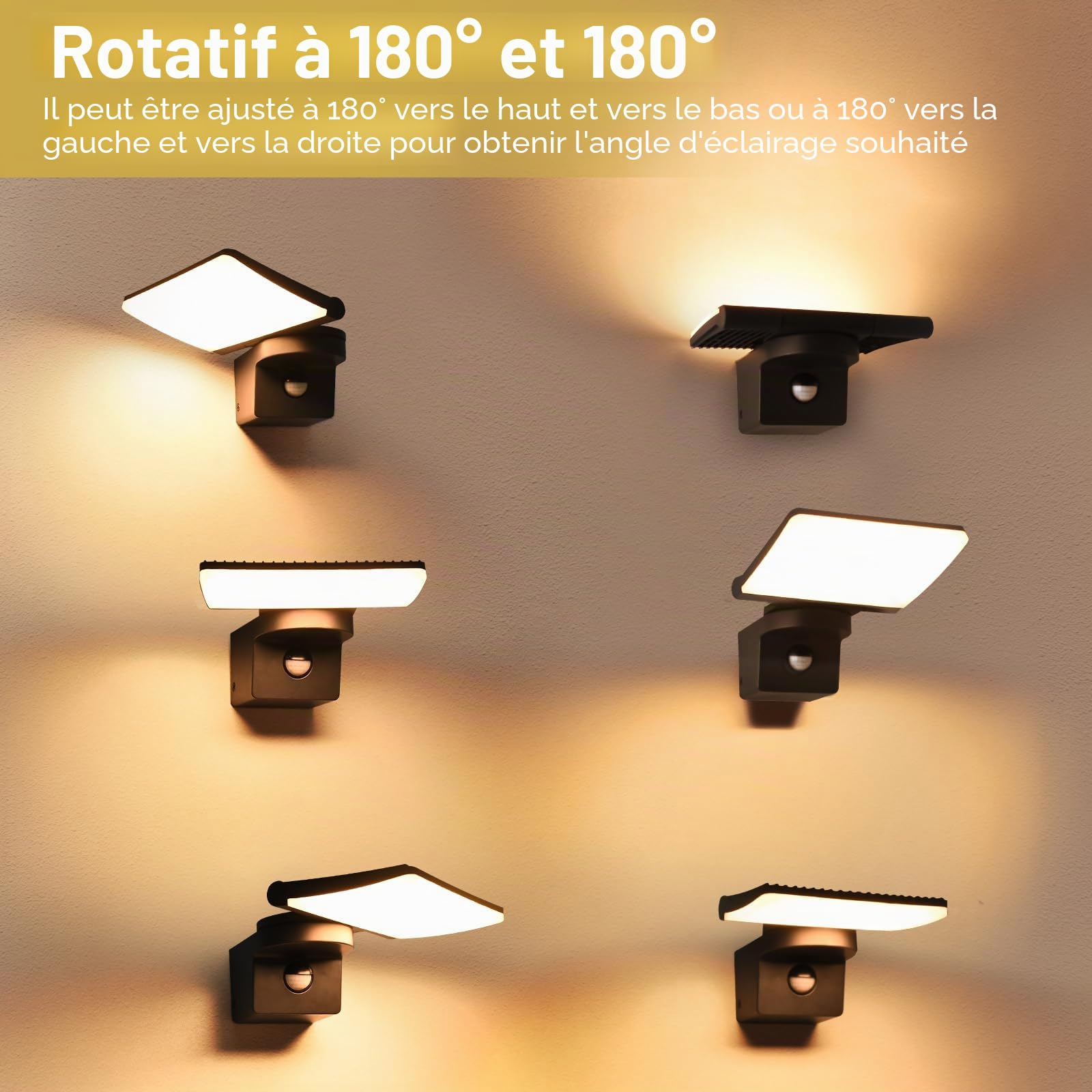 YindaLux 14W Lampe d'extérieur avec détecteur de mouvement Noir, IP65 Applique Murale Extérieur/Intérieur, 3000K Lampe d'extérieur avec Panneau LED Orientable, Applique Murale pour Terrasse