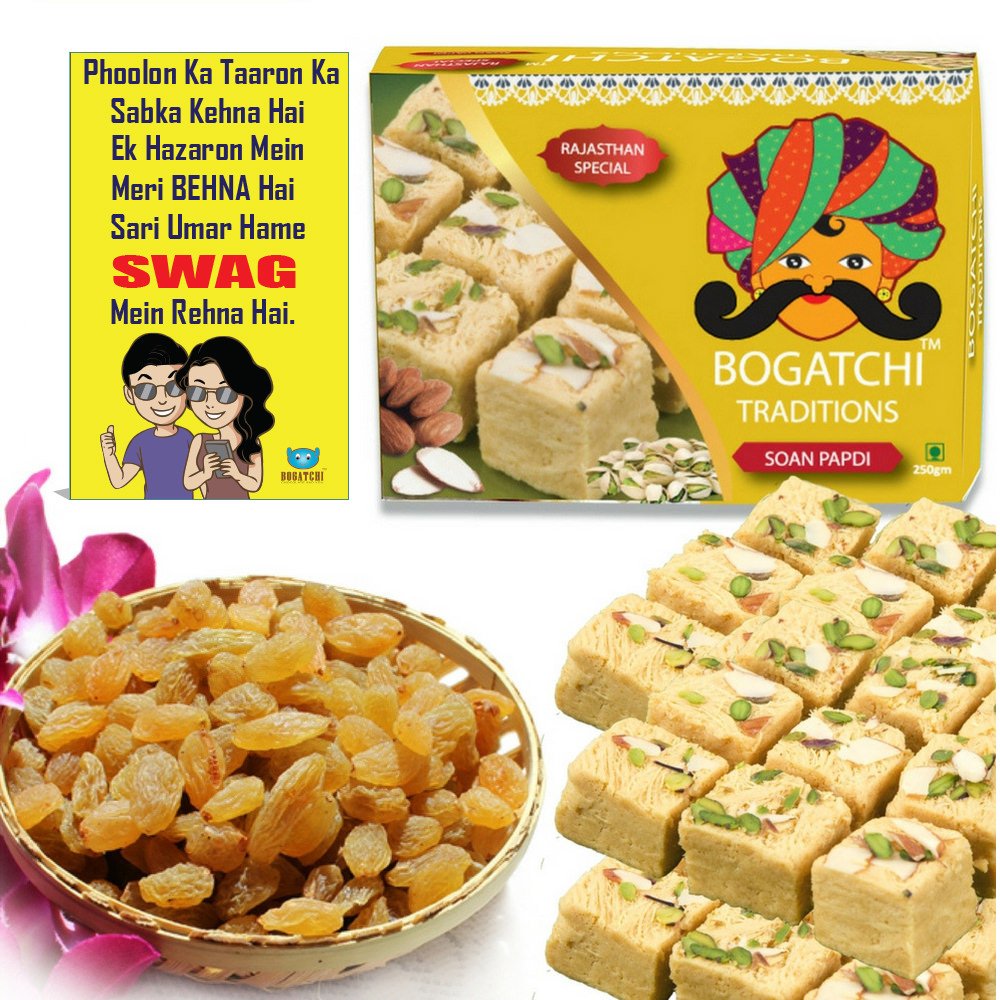 BOGATCHI Rakhi Sweets Gift for Sister, Rajasthani Soan Papdi, 250, Raisins, 100g + Free Greeting Card-picture-15