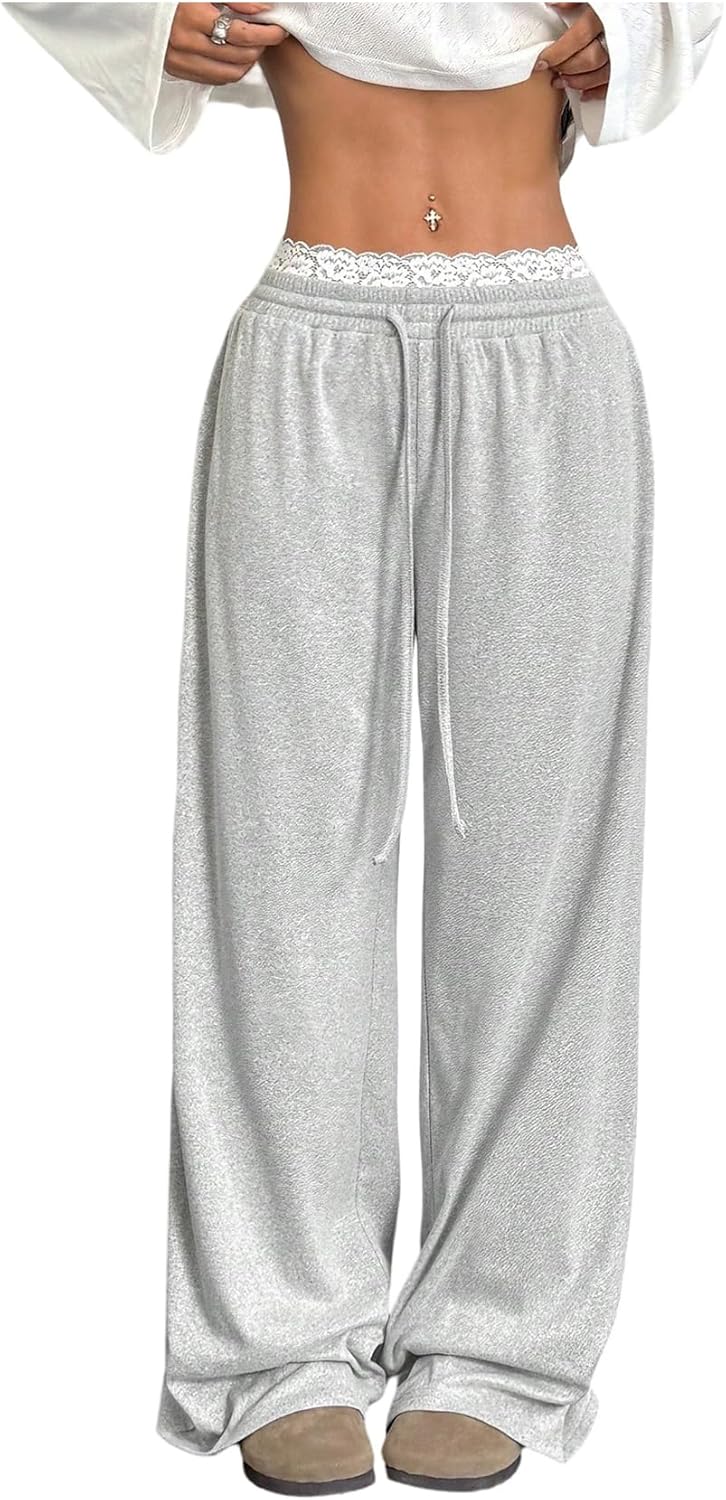 SweatyRocks Women's Plus Size Wide Leg Sweatpants Baggy Elastic Waist Eyelet Lace Trim Sweat Pants with Pocket Trousers - Image 4