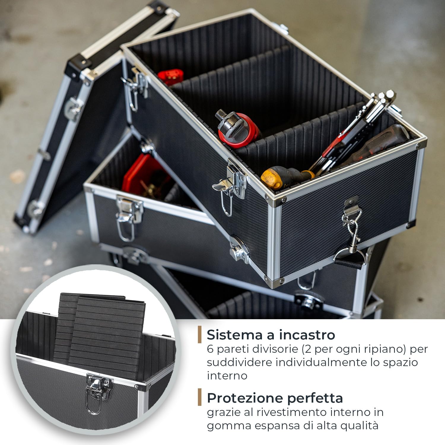 HMF 14660-02 Cassetta degli attrezzi vuota in alluminio, 3 ripiani, 44 x 45 x 24 cm, nero