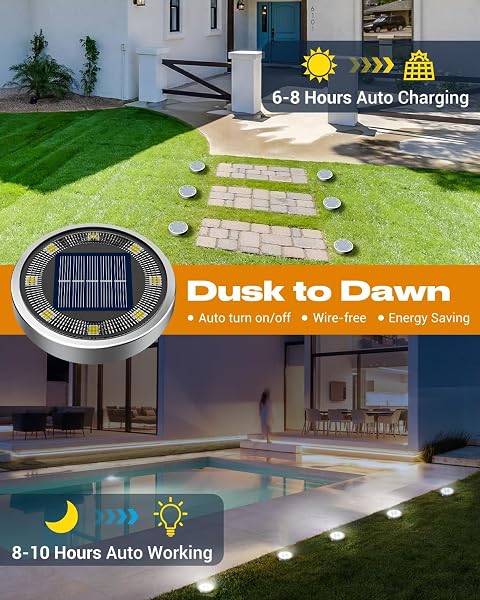 btfarm Solar Lights Outdoor Garden, 10 Pack Solar Ground Lights, 8 LED Solar Disk Lights Outdoor IP65 Waterproof for Garden Pathway Lawn Patio Yard Landscape (Cool White) - 2