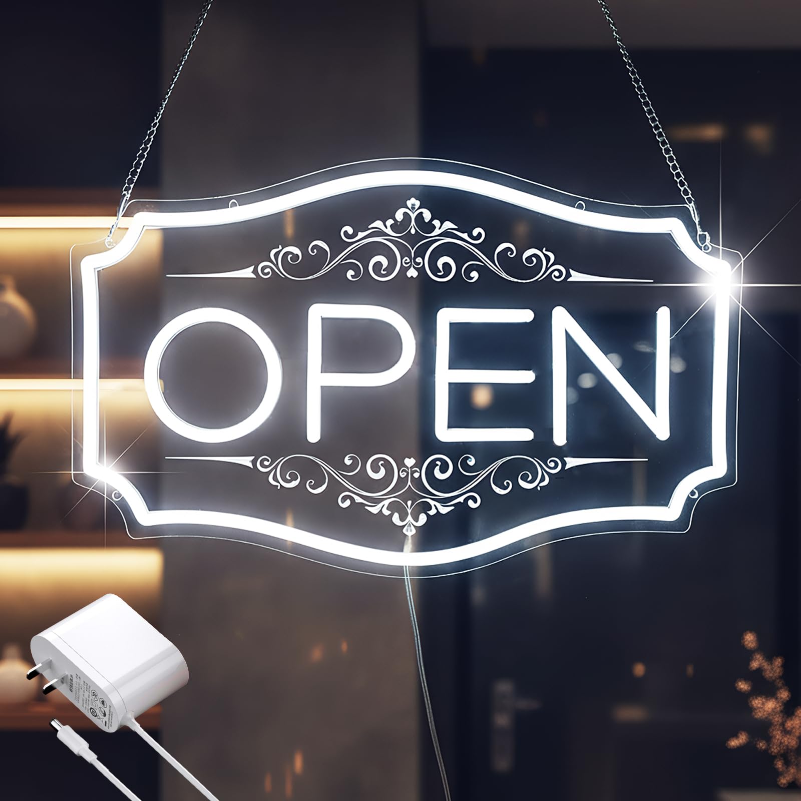 Photo 1 of ***MISSING PARTS***
Open Sign for Business, LED Dimmable Neon Open Sign with 12V/2A Adapter, 16.5" x 10.5", White, Bright LED Visibility to Light Up Window, Wall, Bar, Coffee, Salon and Store