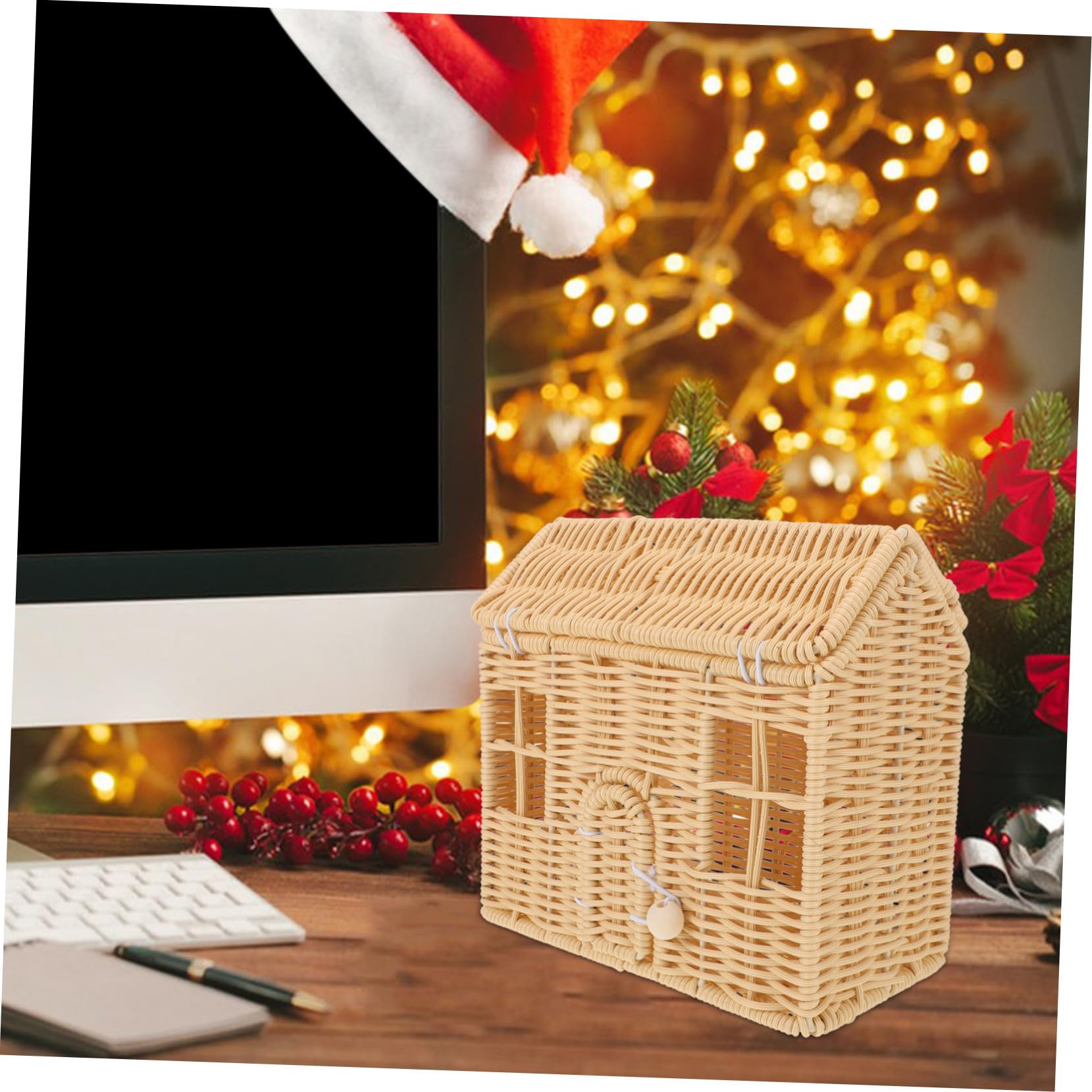Cesta Navidad Tejida Mano con Asa Pequeña Casa Beige para Dulces y Regalos para Fiestas Bodas y Showers Contenedor Versátil para Golosinas y Detalles