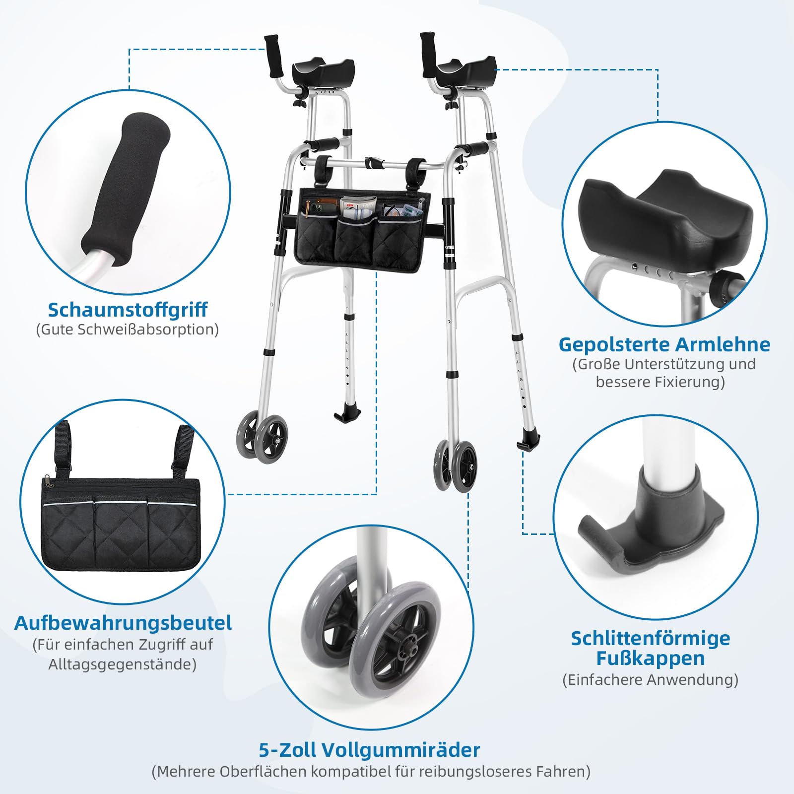 Höhenverstellbarer Gehwagen Gehhilfe für Senioren mit Armauflage - Aufrechter Rollator mit Doppelrollen, faltbar & leicht aus Aluminium,Gehhilfe mit Tasche, Height Adjustable Aluminum Walking Aids