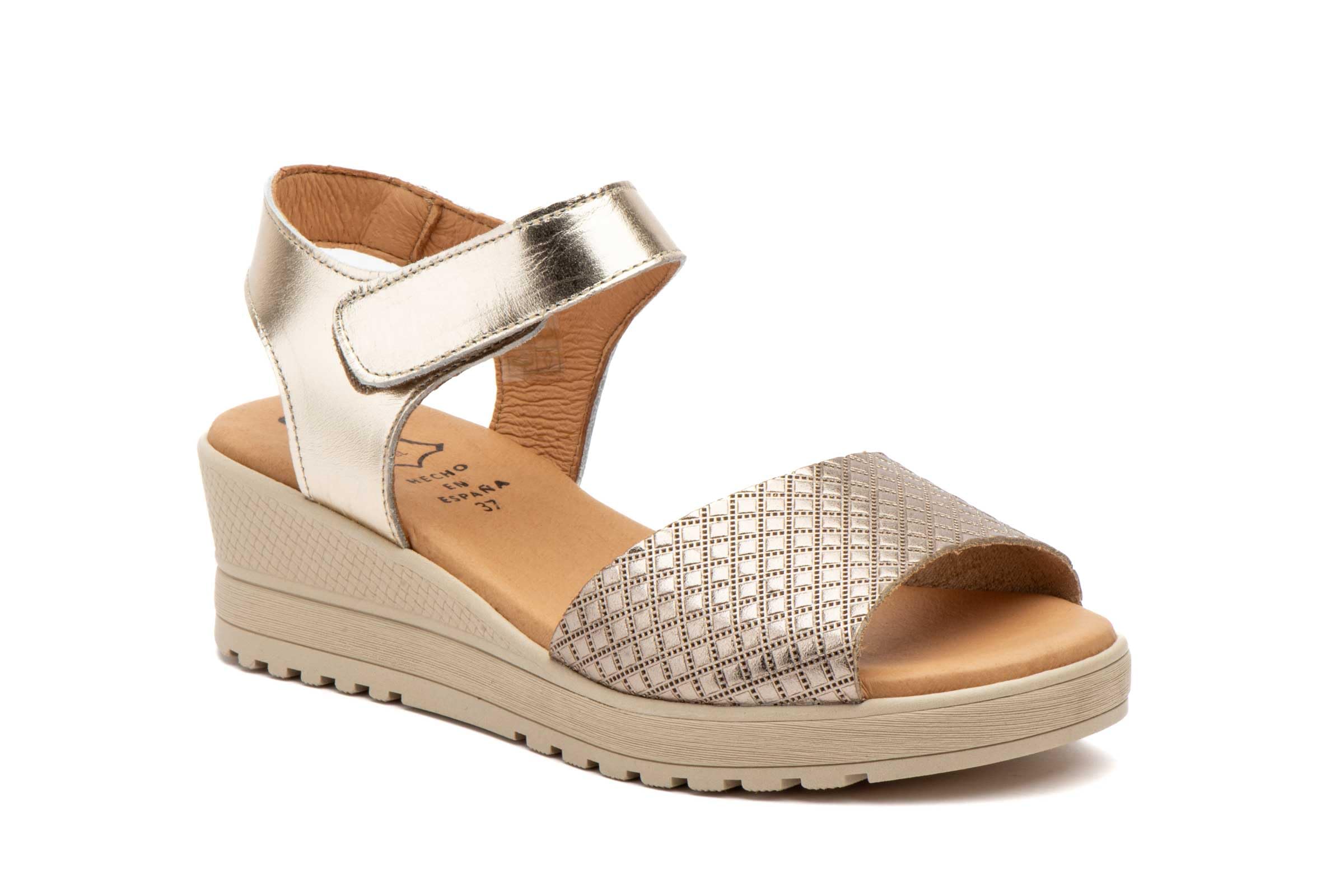 Sandalias de Cuña para Mujer de Piel Auténtica con Cierre de Velcro Verano