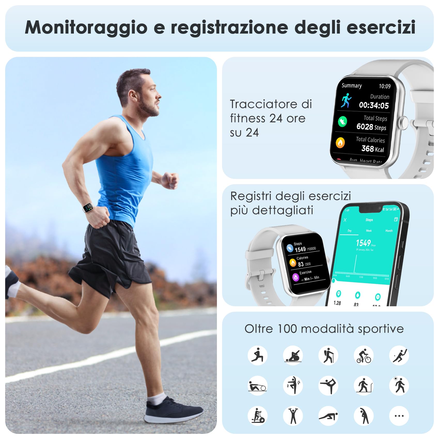 Smartwatch Uomo Donna, Orologio Fitness con Chiamate ,100 Modalità Sportive, 1.85" Smart Watch Monitor del SpO2/Sonno, 24H Cardiofrequenzimetro da Polso Fitness Tracker per iOS Android Smartphone
