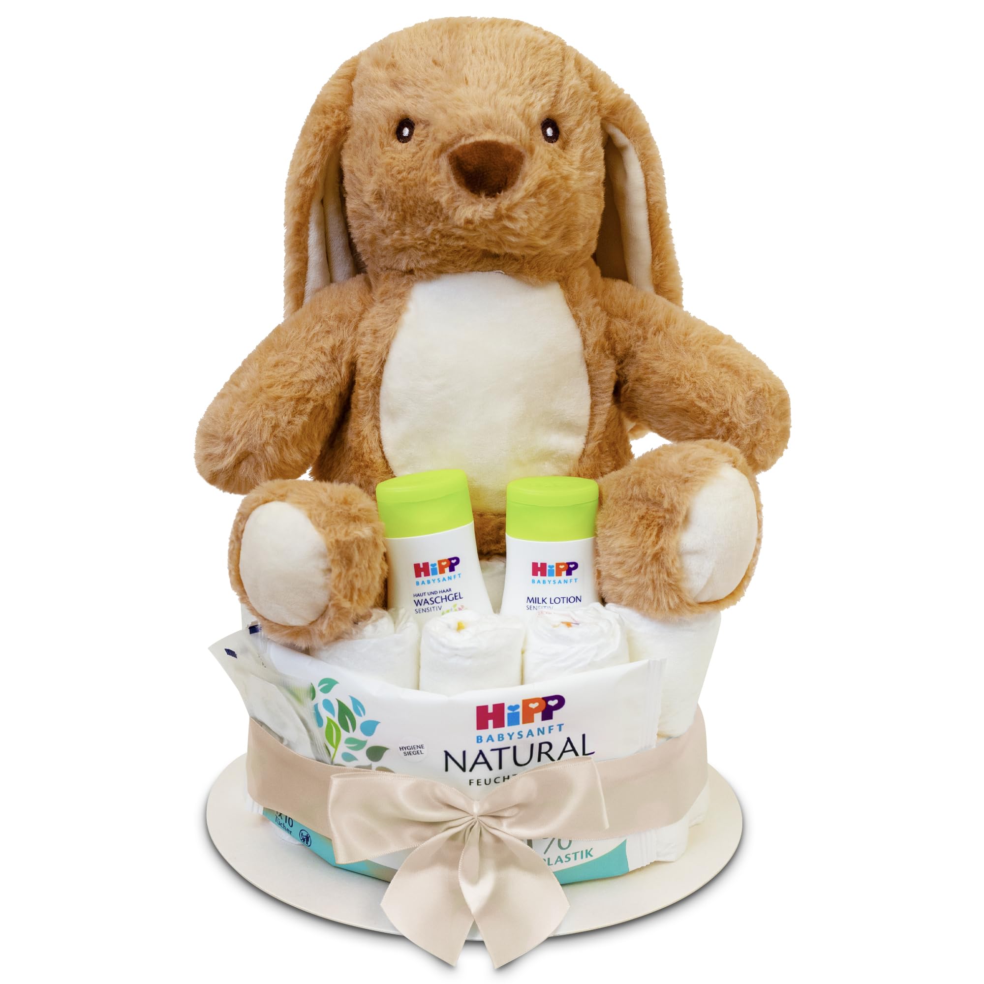 MilaBoo® Windeltorte beige mit kuscheligen kleinen Hasen I hochwertiges Neugeborenen Geschenk mit Windeln und Produkten I persönliches Babygeschenk zur Geburt