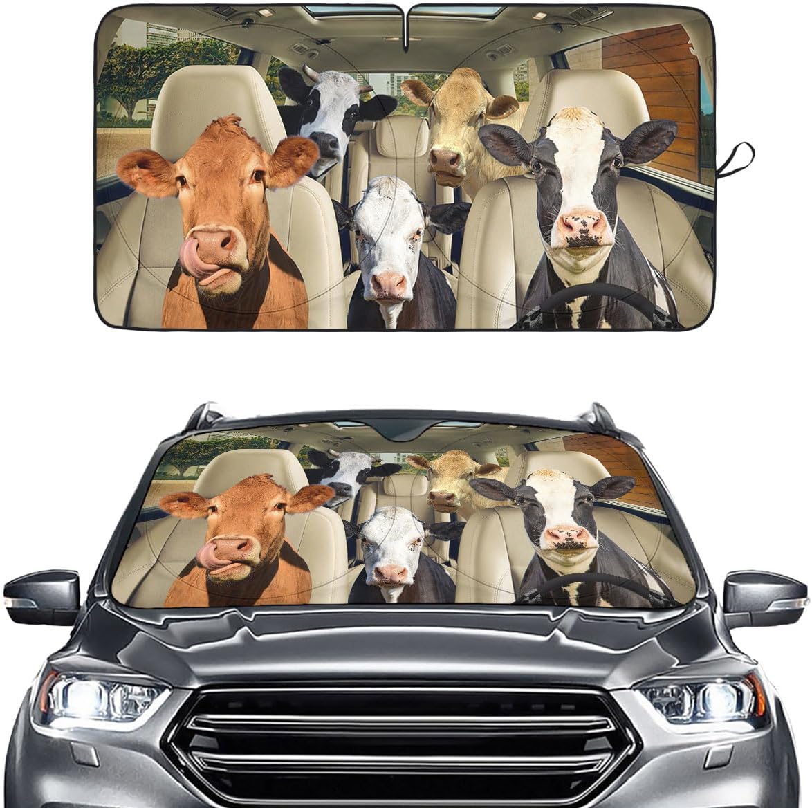 GENANY Cow Group Funny Moo Windshield Sun Shade for Car SUV Truck (64x32 Inches), Automobile Sunshade, Protector Blocks UV, Car Decor
