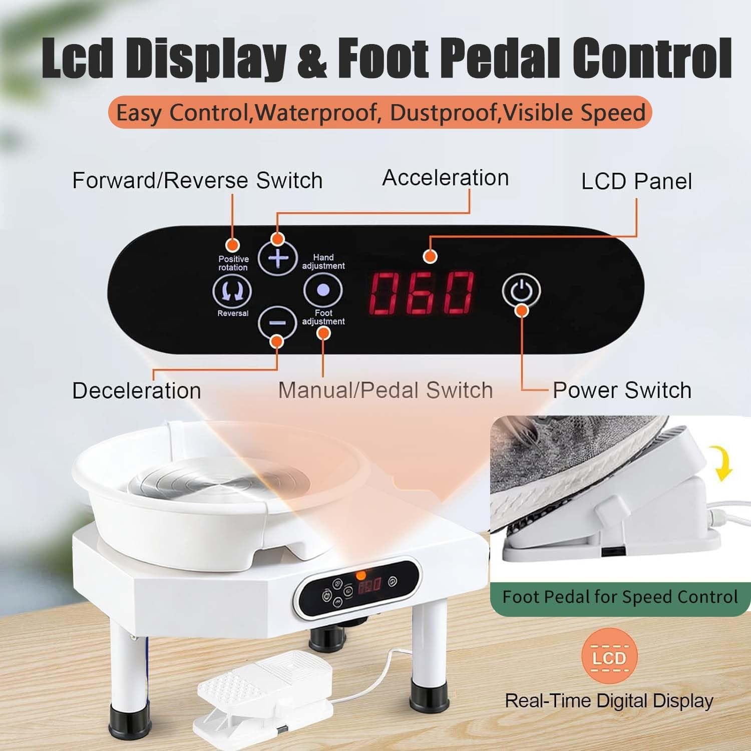 Máquina De Cerámica Eléctrica De 350 W Con Pantalla Táctil LCD. Cuenta Con Velocidad Ajustable De 300 RPM Y Control Por Pedal. Perfecta Para Proyectos De Cerámica DIY Y Alfarería En Casa.