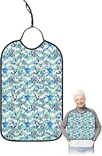 Kewadony Adult Bibs for Elderly Women - Ocean Themed Waterproof Dining Clothing Protectors with Crumb Catcher for Eating/Feeding, Nautical Anchor Blue Starfish Green Stripe Terry Cloth Bib Washable