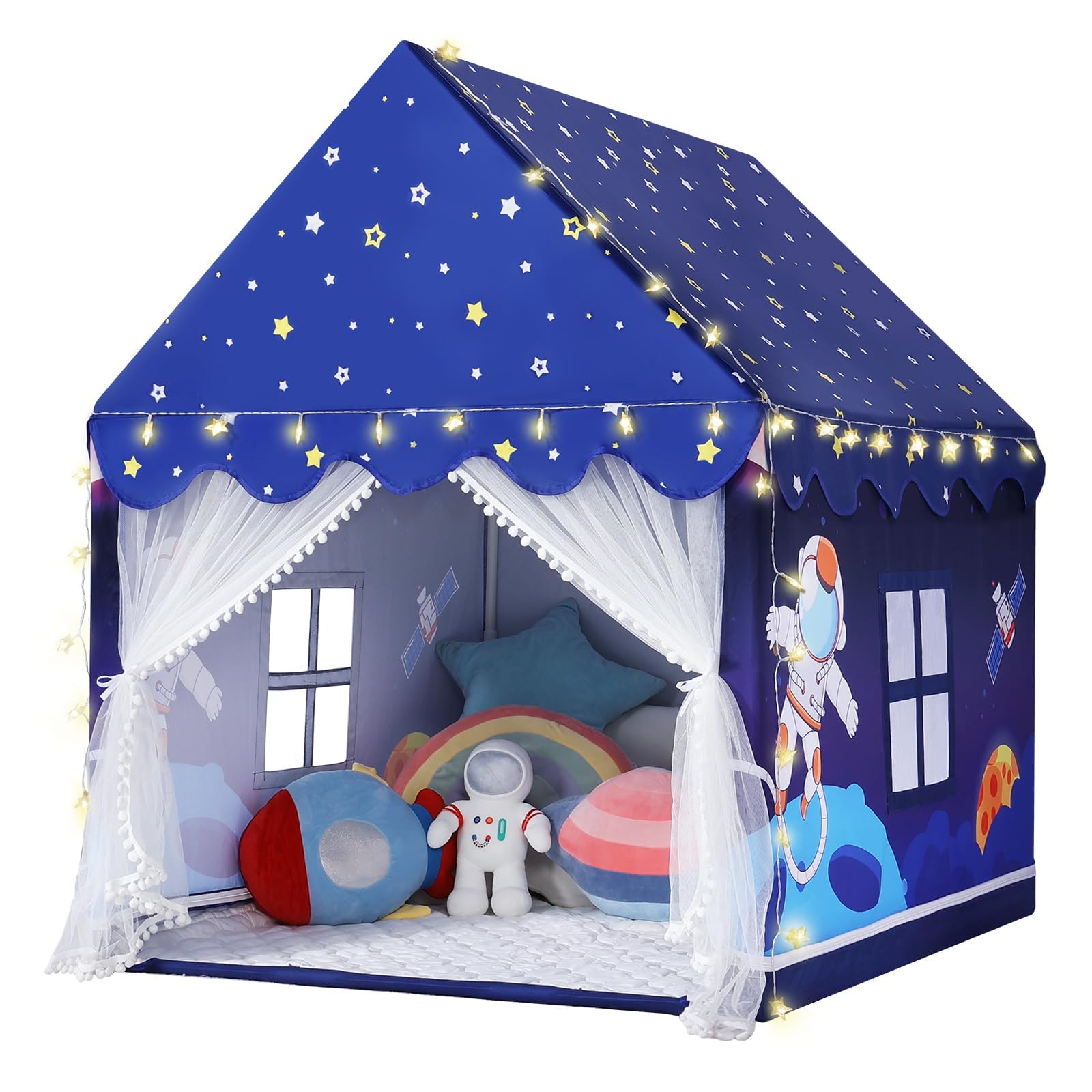 Wilwolfer Space Kids Tent Indoor: Play Tent with Mat - Large Play House Indoor & Outdoor for Toddlers, Kids Tent for Boys, Toy House Birthday Gift (Blue)