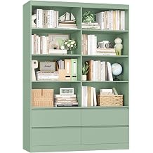 FINETONES Bookshelves and Bookcase, 6-Tier Double Wide Bookshelf with Drawers, 71" Tall Bookshelf Large Open Book Shelf Standing Book Case for Home Office, Green