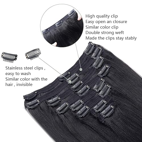 Miniatura 3 de Lysilf Yaki - Extensiones de cabello lacio con clip para mujeres negras, cabello humano virgen brasileño, lacio, con clip, 8 piezas con 18 clips,
