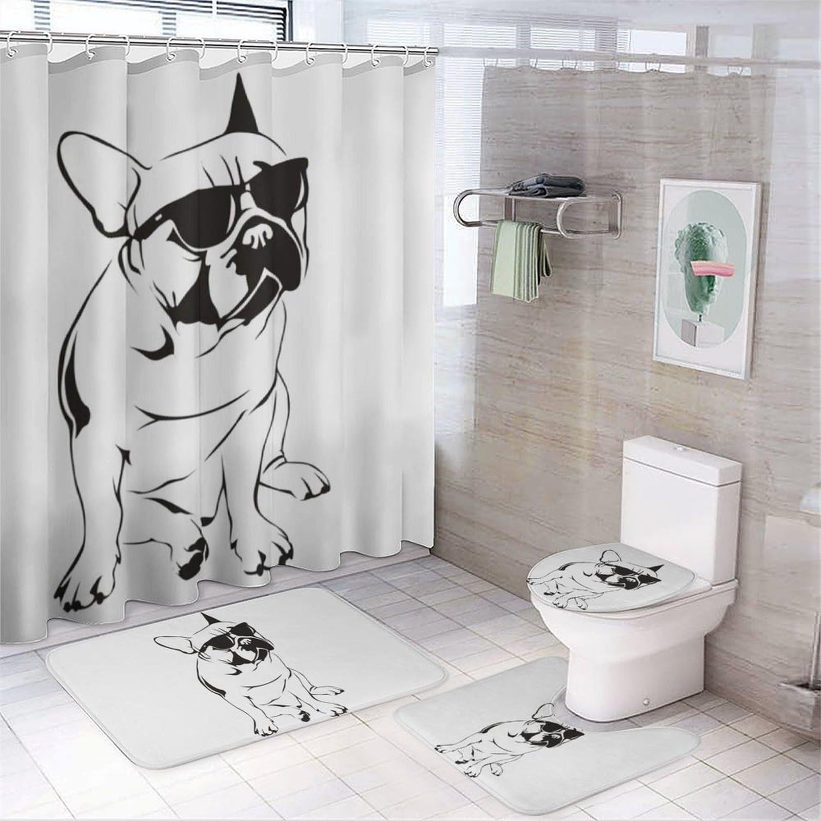JiuPopular Bathroom Mat Set 4 Piece, French Bulldog Shower Curtain with Non-Slip Bath Mats for Bathroom