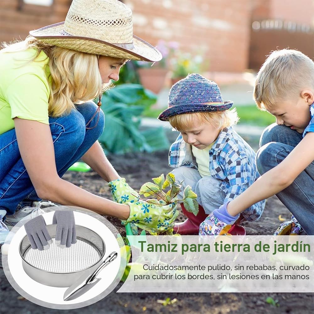 Tamiz de Jardín de Acero Inoxidable,Tamiz Jardín 5 en 1 Redondo 30 cm,con 5 Insertos de Tamiz Intercambiables Ø 3,6,9,10,12 mm,Tamiz Redondo de Jardín,Tamiz de Compost para Tierra, Compost, Semillas