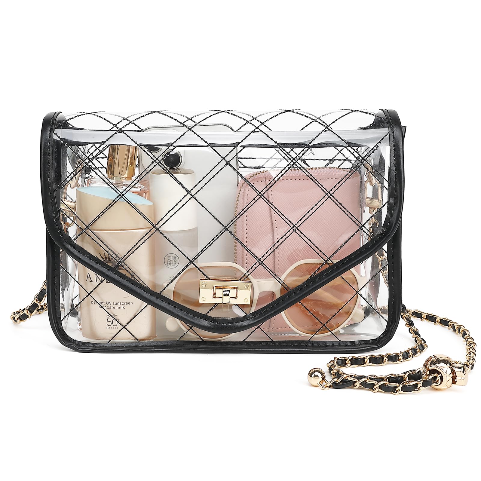 YGR Clear Bag for Stadium Events Clear Purse for Women Quilted PVC Clear Crossbody Bag Stadium Approved for Concerts, Black