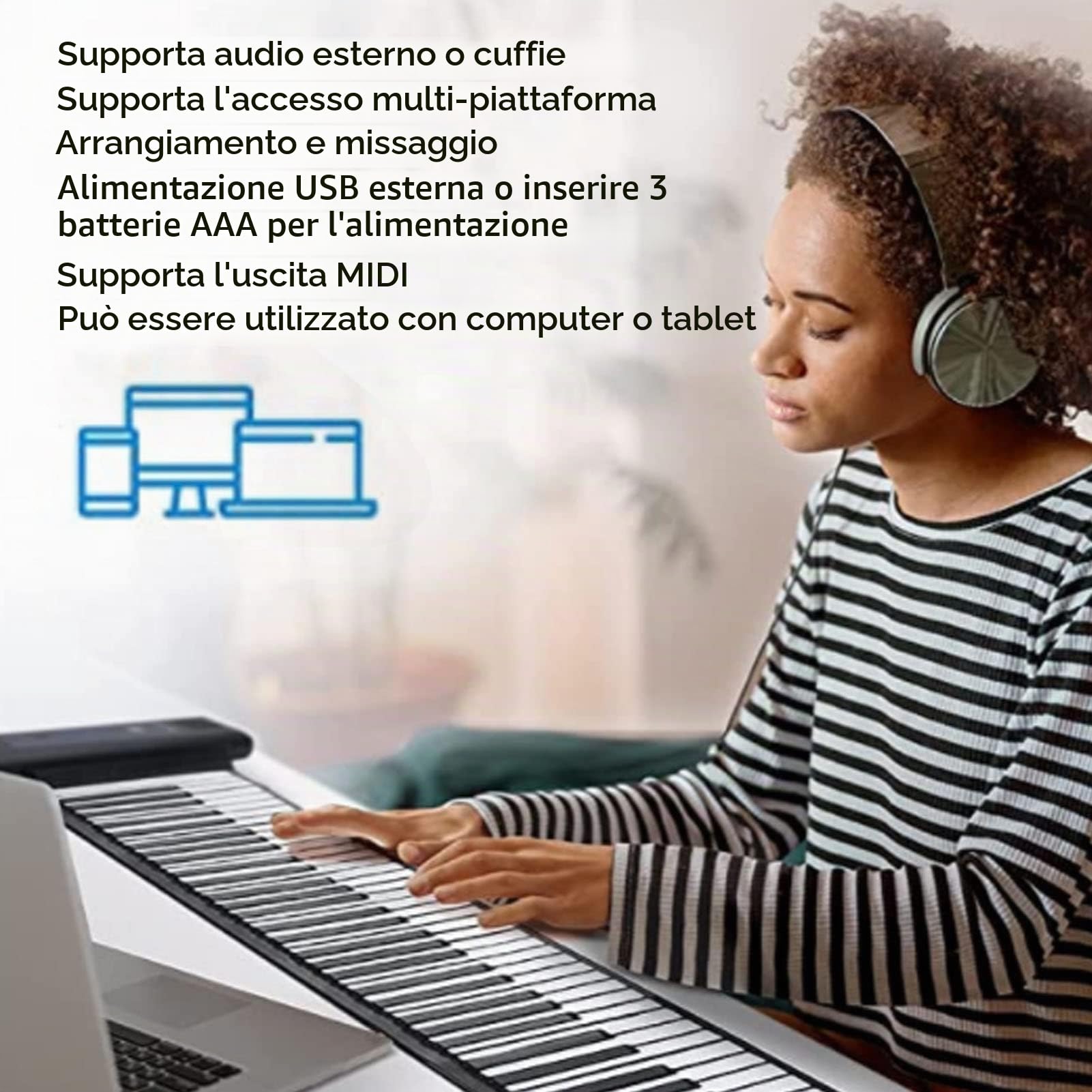 Pianoforte Digitale Portatile, Tastiera a 61 Tasti Pieghevole con 16 Toni e 6 Demo, Supporto MIDI e Uscita Cuffie, per Bambini e Principianti