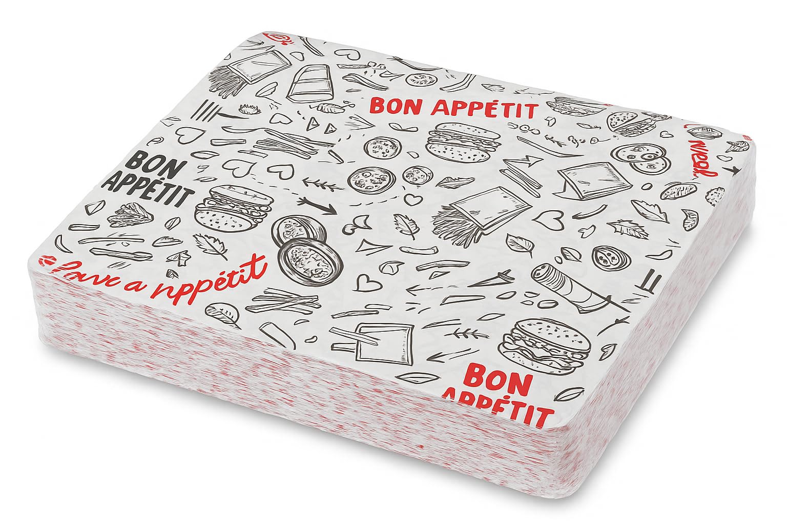 1000 feuilles - Papier Plateau 25 × 30 cm – Feuilles Alimentaires pour Plateaux Fast-Food – Design “Bon Appétit” – Papier de Présentation pour Snacks, Burgers et Frites (1000)