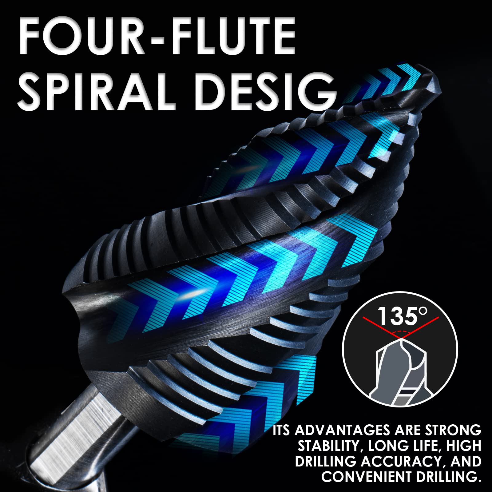 Matework Broca escalonada de cobalto M35, broca escalonada Unibit de cuatro flautas en espiral (3/16-1-3/8 pulgadas) resistente al desgaste, vástago de 3/8 pulgadas para metal, acero al carbono, acero