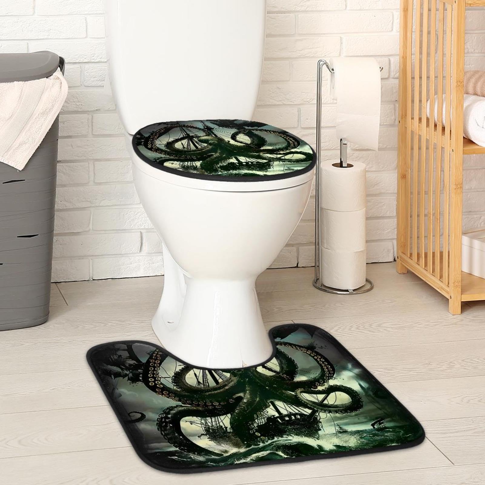 MUOOUM Toilet Lid Cover and U-Shaped Toilet Floor Mat Set of 2 Pieces, Black Octopus Tentacles Nautical Ship Toilet Mat Set, Machine Washable Seat Covers Non-Slip Absorbent Rugs