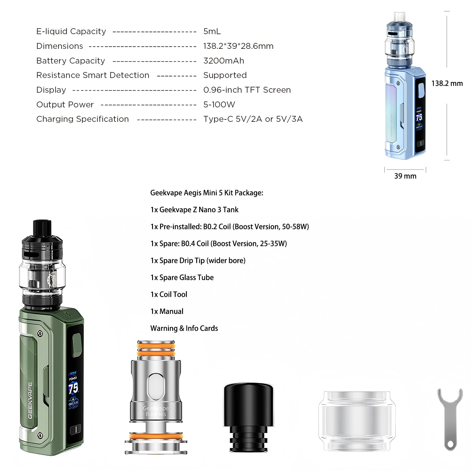 Geekvape Aegis Mini 5 Kit | 100-W-Mod Aegis Mini 5 mit integriertem 3200-mAh-Akku, passend für den 5-ml-Tank Z Nano 3 mit Push-Top-Befüllung, B-Coil, nikotinfrei (Waldgrün)
