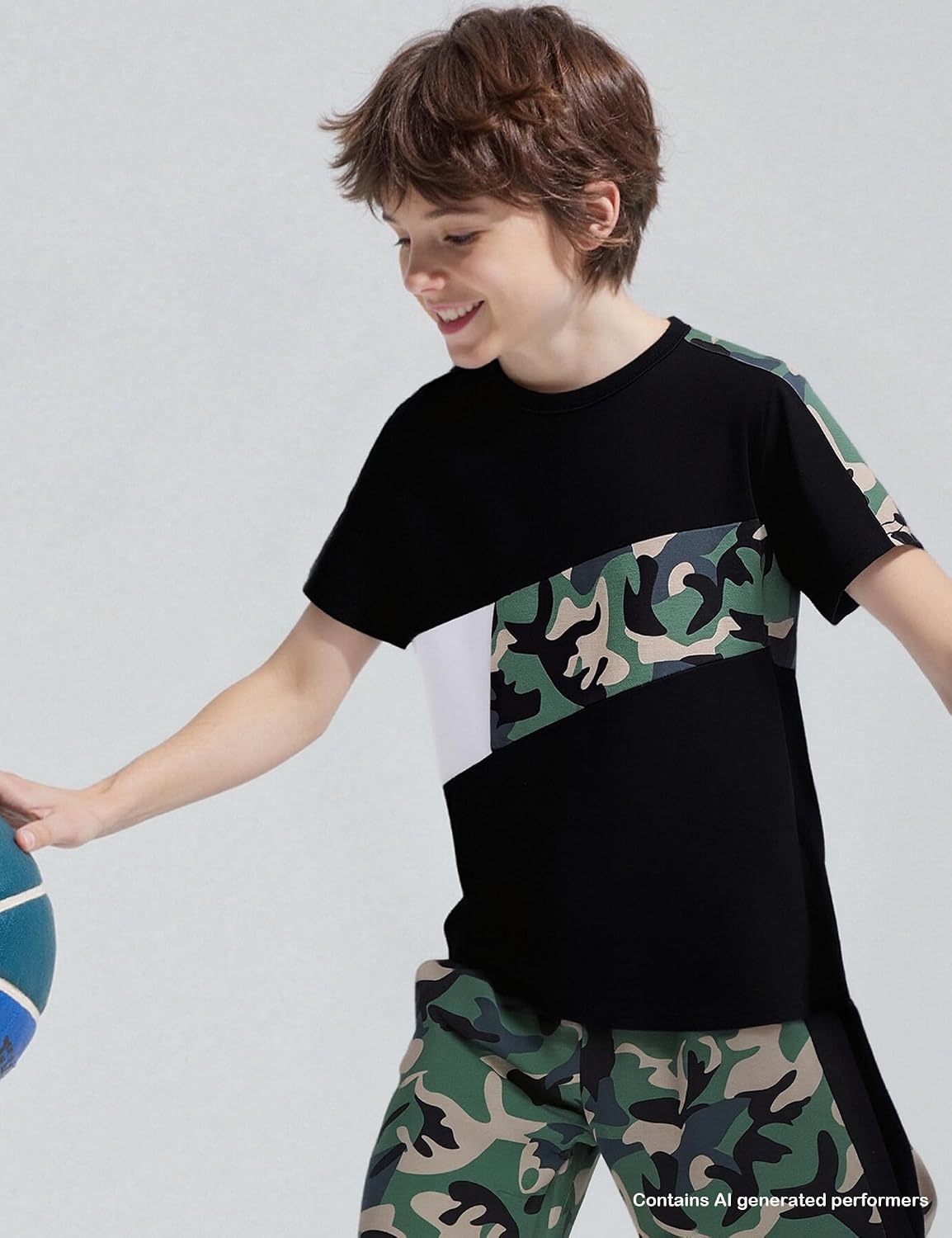 Boys clothes Set 6-14 Years Camo Stitching Short Sleeve T-Shirt and Camo Athletic Shorts 2-Piece Outfit for Boy