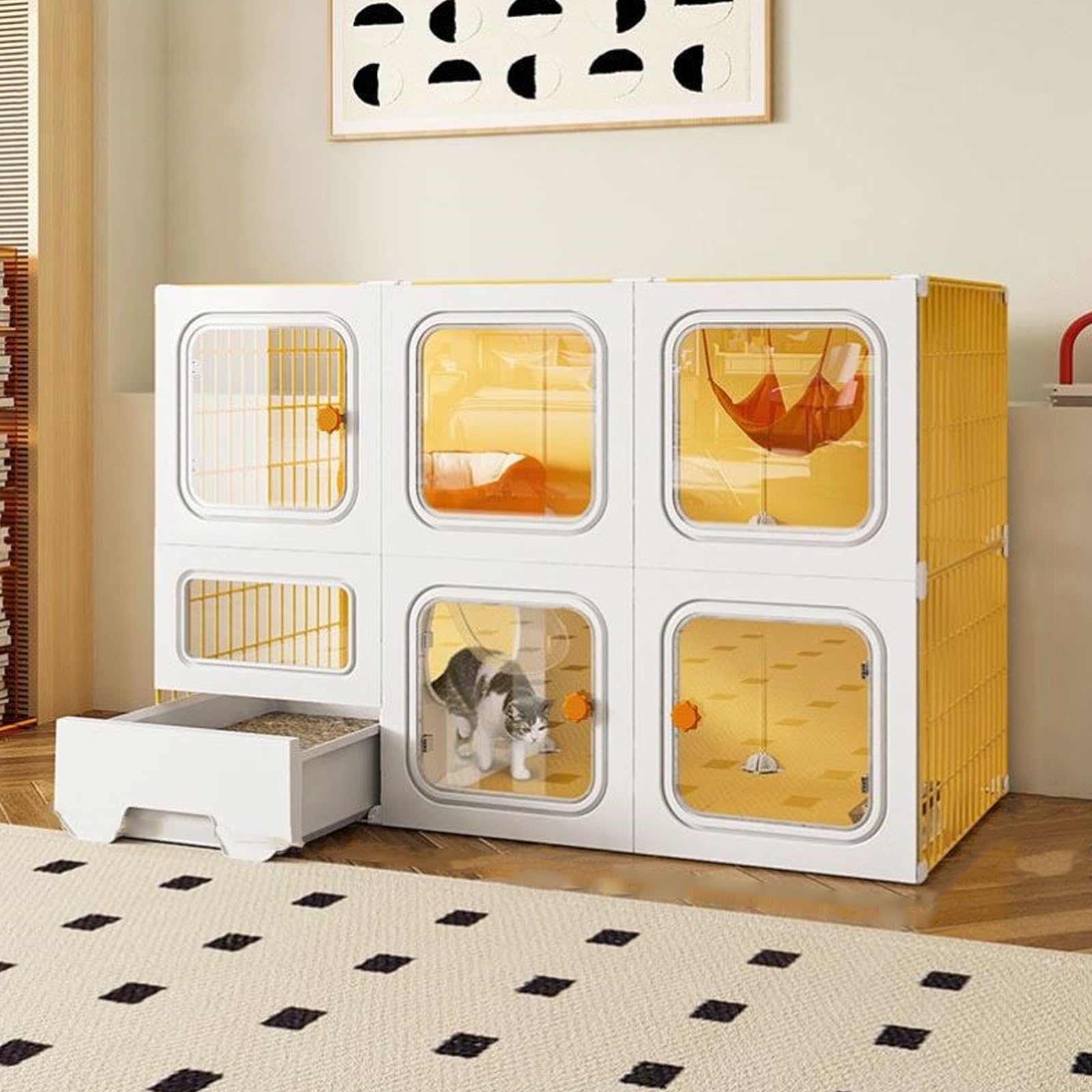 TRUNXUCL Cat Cages Indoor Large Cat Kennel with Cat Litter Box, Pet Playpen Diy Kennels Pet Playpen Crate Large Exercise Place, Collapsible Cat House for 1-3 Cat (Color : Yellow, Size : 105x35x70cm/