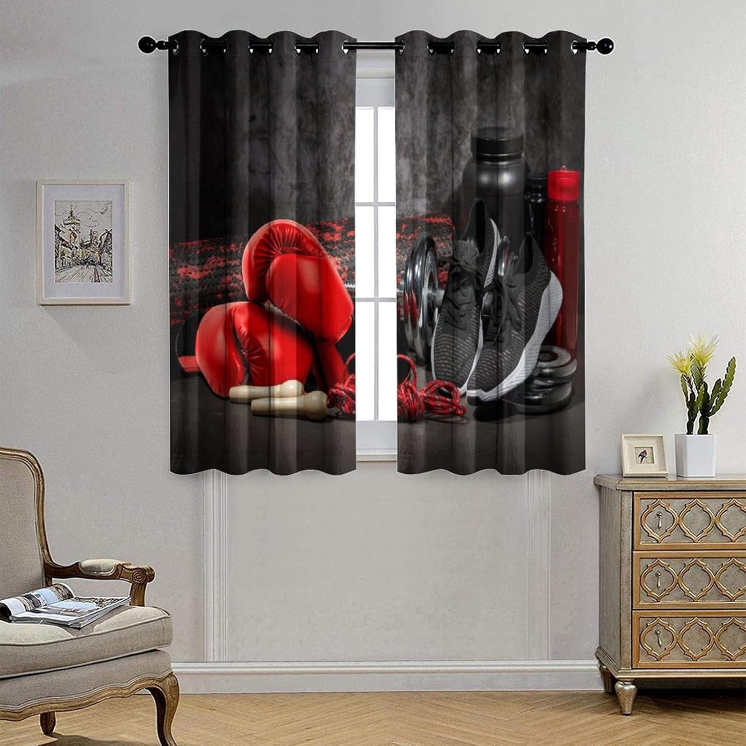Modern Sport Boxing Theme Curtains Abstract Gloves Fighting Match Ring Arena Window Drapes Rod Pocket Curtains Darkening Thermal Insulated for Living Room 2 Panels 63" L x 31.5" W