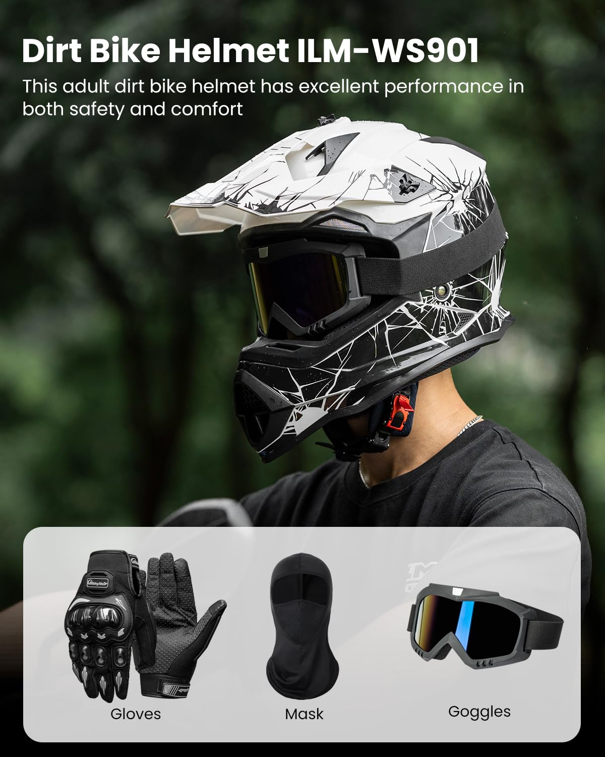 ILM Adulte Casque Moto Homme Femme Motocross Full Face Cycliste Dirt Bike ATV Off Road Go Kart avec Lunettes Gants Masque Homologué ECE22.06 Dot Modèle WS-901