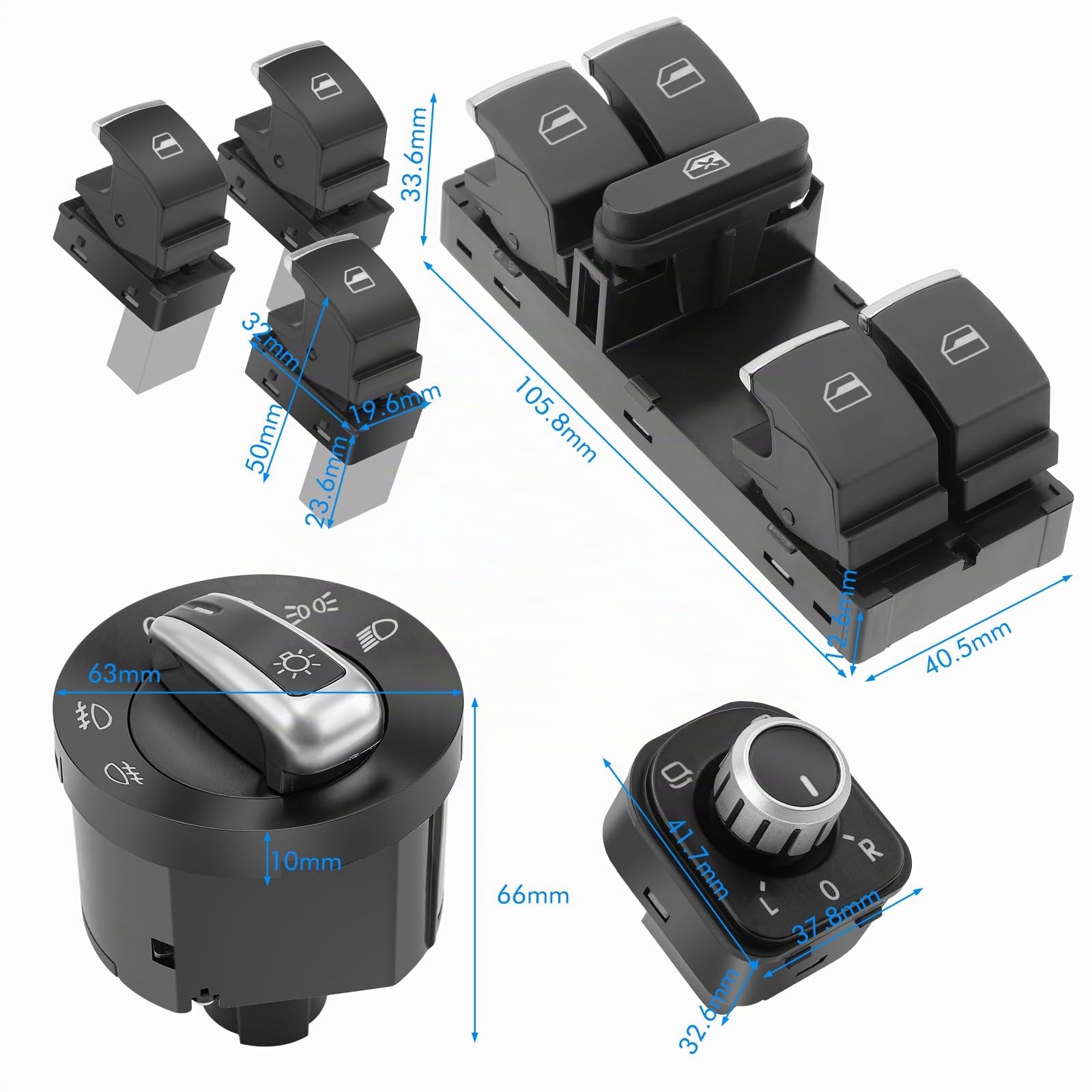 KAOLALI 6 pezzi interruttori per alzacristalli per VW Golf 5 6, interruttori luce fari e specchietti per Passat Tiguan Jetta, 5ND959857 5ND941431B 5ND959565A 5ND959855