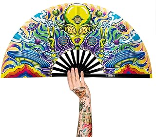 13" Large Rave Fan Bamboo, Folding Clack Hand Fans Foldable for Men Women, Poping Fan for EDM Festival Line Dance Decoration, (Alien, Large 13")