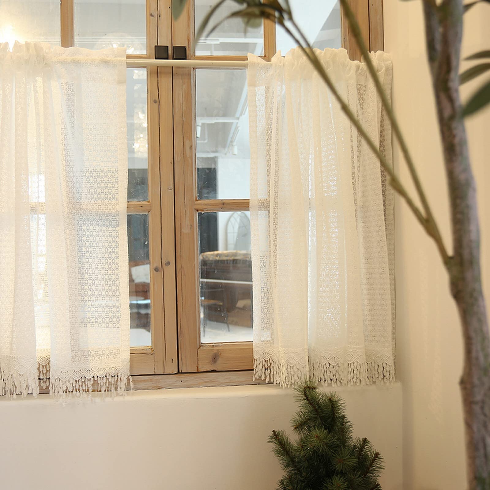 A.Monamour Gardine Scheibengardinen Kurzstores Weiße Transparente Voile Spitze Schneeflocken Textur mit Wassertropfen Quasten Kurzvorhang Kurzgardinen Küche Vorhang Fenster Kurz Stores Bistrogardine