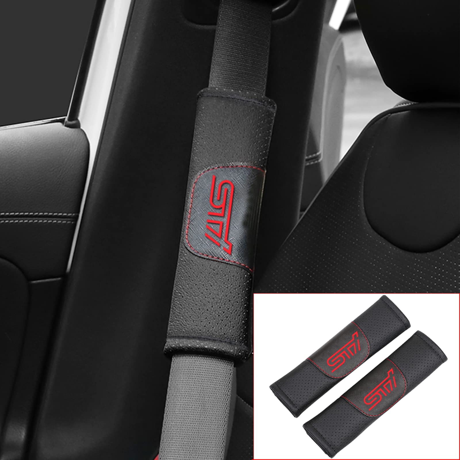 も*※様 STI ステアリング本体 シートベルトカバー　ミラーカバー スバル WRX STi & S4 専用 本革シートベルトカバー レザーカバー 赤 青