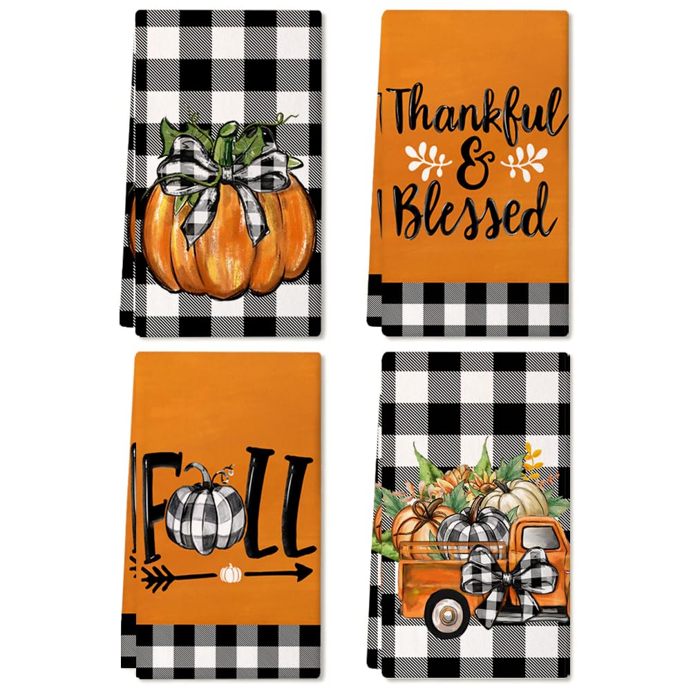 ARKENY Fall Kitchen Towels for Fall Decor,Pumpkin Truck Buffalo Plaid Autumn Dish Towels 18x26 Inch Set of 4,Farmhouse Home Thanksgiving Harvest Vintage Decorations AD370