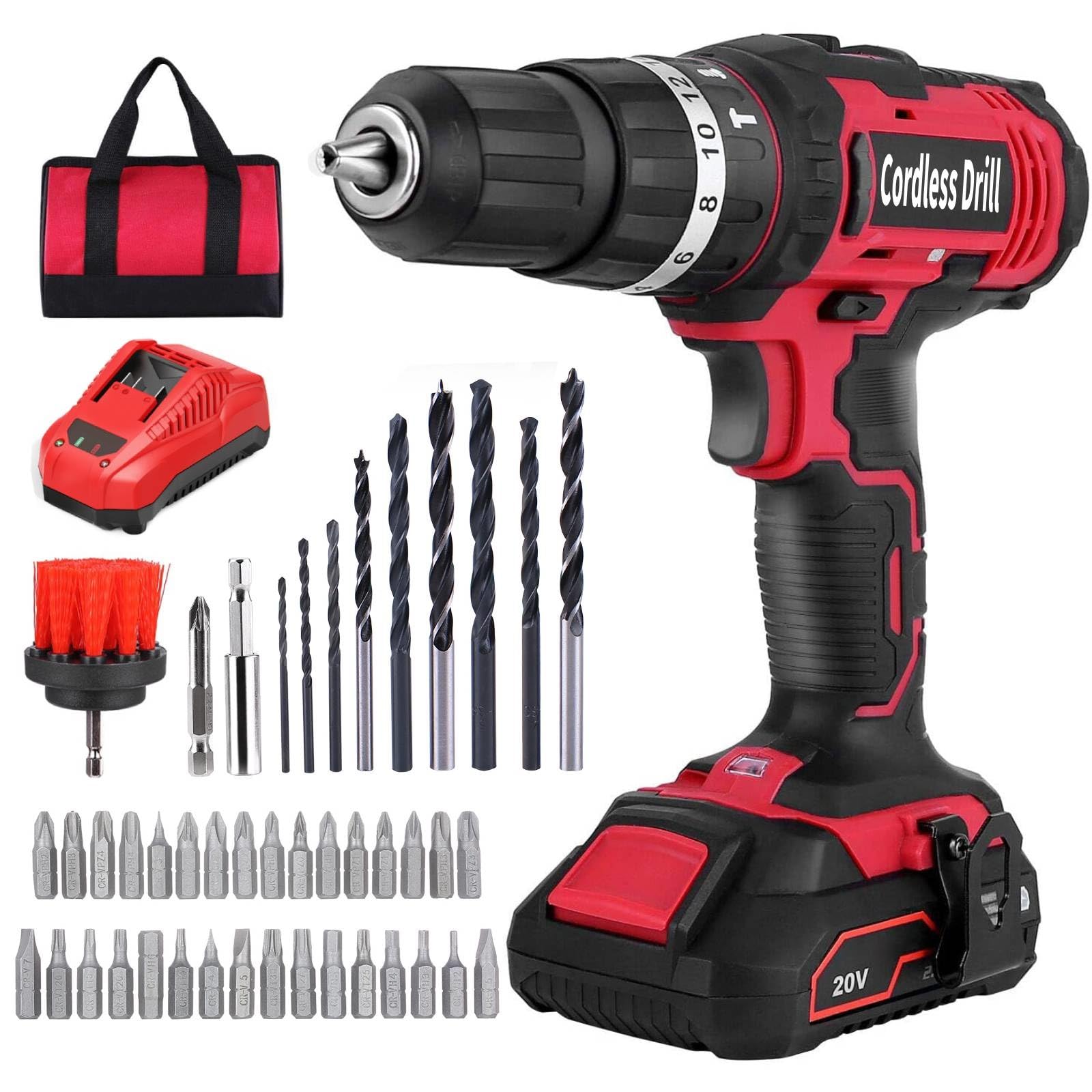Cordless Drill Set, Power Drill 45Pcs with 3/8 Inch Keyless Chuck, 16+1+1 Clutch Electric Drill with Work Light, Max torque 35Nm, 2-Variable Speed with 2.4A Fast Charger and Batteries